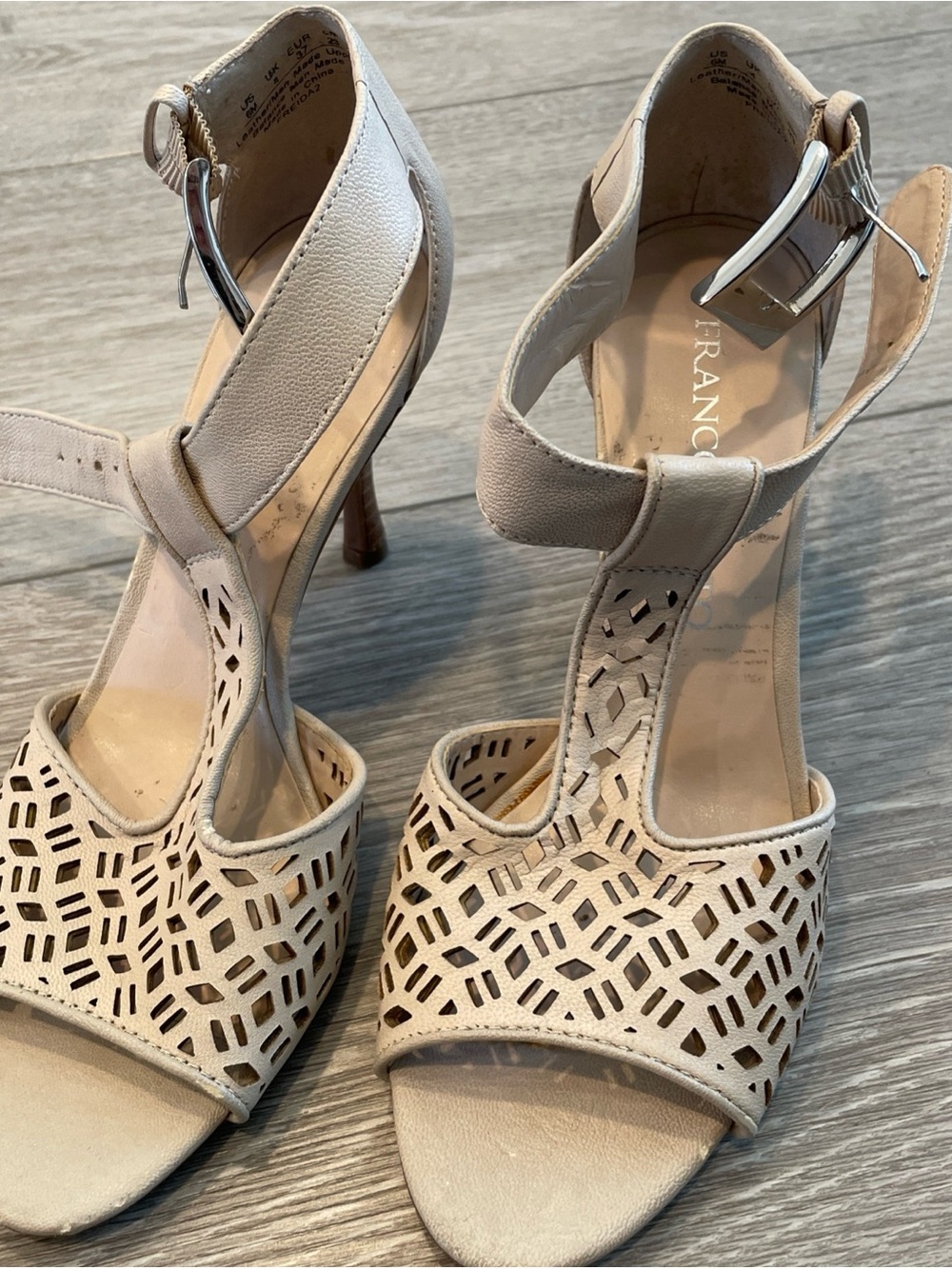 Franco Sarto Beige Laser-Cut T-Strap Heels